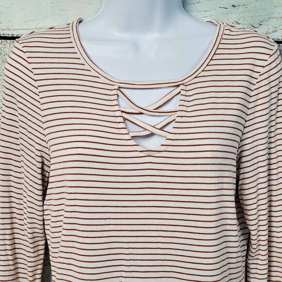 Fitz + Eddi Women's Long Sleeve Striped Crisscross Neck Top Size S White Rust - Picture 2 of 6